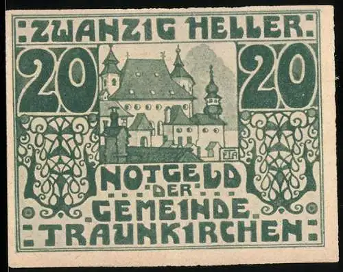 Notgeld Traunkirchen 1920, 20 Heller, Gemeindeansicht und dekorative Ornamente