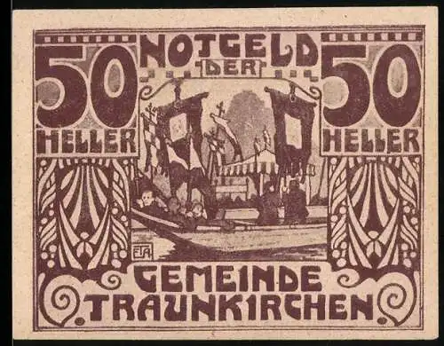 Notgeld Traunkirchen 1920, 50 Heller, Boot mit Fahnen und Ornamentik