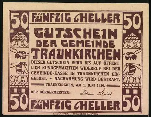 Notgeld Traunkirchen 1920, 50 Heller, Boot mit Fahnen und Ornamentik