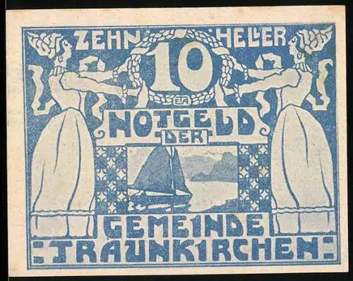 Notgeld Traunkirchen 1920, 10 Heller, Segelboot und zwei Frauenfiguren