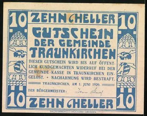 Notgeld Traunkirchen 1920, 10 Heller, Segelboot und zwei Frauenfiguren