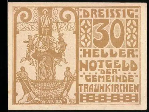 Notgeld Traunkirchen 1920, 30 Heller, Marienstatue und dekoratives Muster