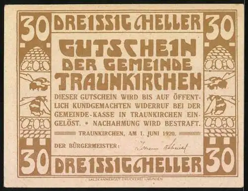 Notgeld Traunkirchen 1920, 30 Heller, Marienstatue und dekoratives Muster