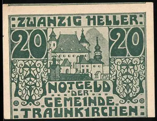 Notgeld Traunkirchen 1920, 20 Heller, Klosteransicht und dekorative Ornamente