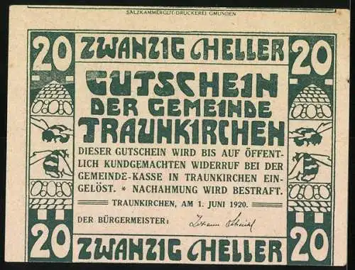 Notgeld Traunkirchen 1920, 20 Heller, Klosteransicht und dekorative Ornamente