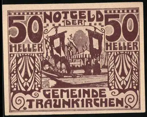 Notgeld Traunkirchen 1920, 50 Heller, Szene mit Fahnen und Ornamenten