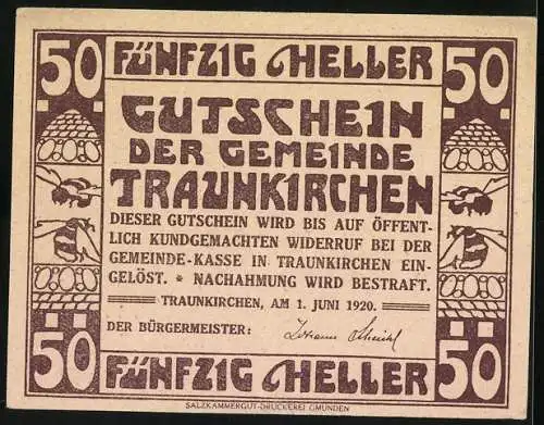 Notgeld Traunkirchen 1920, 50 Heller, Szene mit Fahnen und Ornamenten