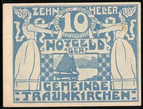 Notgeld Traunkirchen 1920, 10 Heller, Segelschiff und Frauenfiguren-Motiv