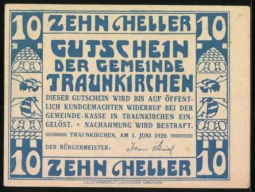 Notgeld Traunkirchen 1920, 10 Heller, Segelschiff und Frauenfiguren-Motiv