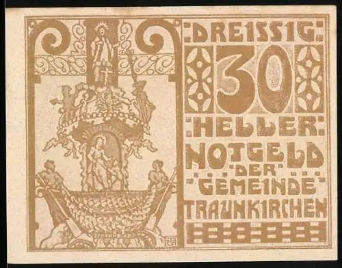 Notgeld Traunkirchen 1920, 30 Heller, barockes Bootsmotiv und dekorative Schriftzüge