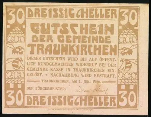 Notgeld Traunkirchen 1920, 30 Heller, barockes Bootsmotiv und dekorative Schriftzüge