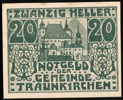 Notgeld Traunkirchen 1920, 20 Heller, Kirche und dekorative Muster