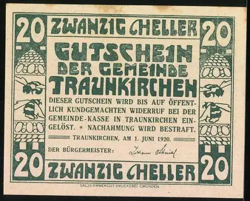 Notgeld Traunkirchen 1920, 20 Heller, Kirche und dekorative Muster