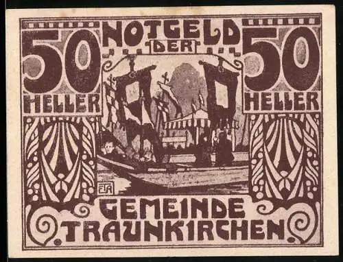 Notgeld Traunkirchen 1920, 50 Heller, historische Prozession mit Bannern