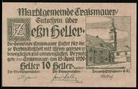 Notgeld Traismauer 1920, 10 Heller, mit Gebäude und Kirchturm-Motiv