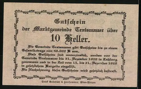 Notgeld Traismauer 1920, 10 Heller, mit Gebäude und Kirchturm-Motiv