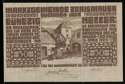 Notgeld Traismauer 1920, 50 Heller, Stadtansicht mit Gebäuden und Brücke