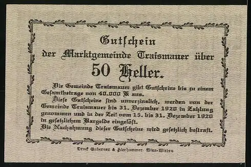 Notgeld Traismauer 1920, 50 Heller, Stadtansicht mit Gebäuden und Brücke