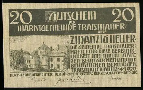 Notgeld Traismauer 1920, 20 Heller, Gebäudeansicht und Textpassage