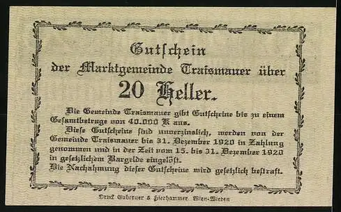 Notgeld Traismauer 1920, 20 Heller, Gebäudeansicht und Textpassage