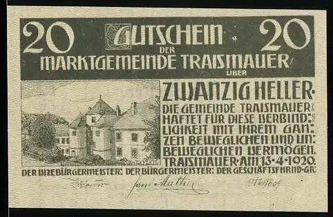 Notgeld Traismauer 1920, 20 Heller, Gebäudeansicht und Text mit Garantieerklärung