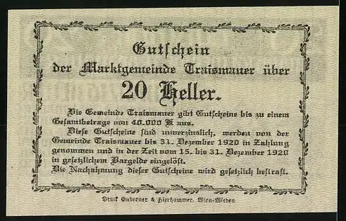 Notgeld Traismauer 1920, 20 Heller, Gebäudeansicht und Text mit Garantieerklärung