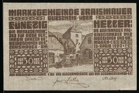 Notgeld Traismauer 1920, 50 Heller, historische Gebäudeansicht