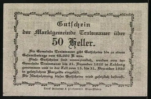 Notgeld Traismauer 1920, 50 Heller, historische Gebäudeansicht