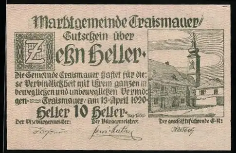 Notgeld Traismauer 1920, 10 Heller, Stadtansicht mit Kirche und Text