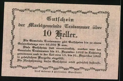 Notgeld Traismauer 1920, 10 Heller, Stadtansicht mit Kirche und Text