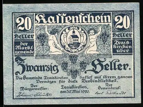 Notgeld Traiskirchen 1920, 20 Heller, Wappen mit zwei Figuren und Traiskirchener Landschaftsmotiv