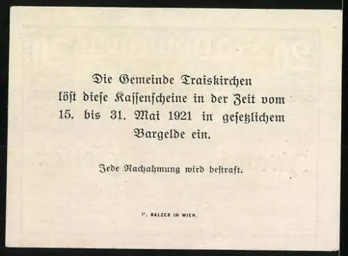 Notgeld Traiskirchen 1920, 20 Heller, Wappen mit zwei Figuren und Traiskirchener Landschaftsmotiv