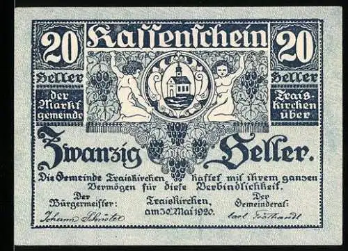 Notgeld Traiskirchen 1920, 20 Heller, Wappen und allegorische Figuren, Garantie der Gemeinde