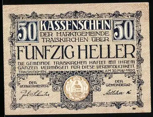 Notgeld Traiskirchen 1920, 50 Heller, Marktwappen, Kassenschein mit Bürgermeisterunterschrift