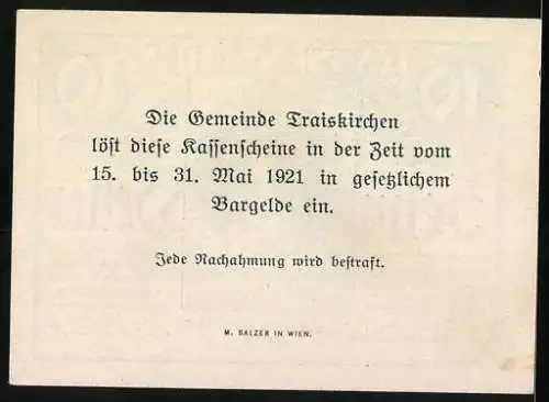 Notgeld Traiskirchen 1920, 10 Heller, barocke Statue mit Wolkenhimmel und Verzierungen