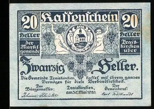 Notgeld Traiskirchen 1920, 20 Heller, Wappen und Putten, Kassenübernahme 1921