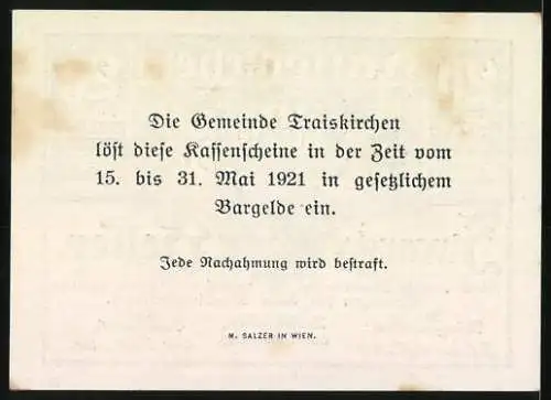 Notgeld Traiskirchen 1920, 20 Heller, Wappen und Putten, Kassenübernahme 1921