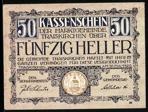 Notgeld Traiskirchen 1920, 50 Heller, Kassenschein mit Gemeindewappen