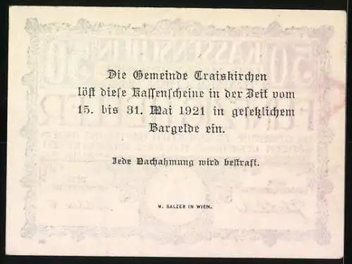 Notgeld Traiskirchen 1920, 50 Heller, Kassenschein mit Gemeindewappen