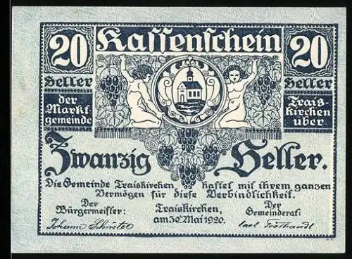 Notgeld Traiskirchen 1920, 20 Heller, Gemeinde mit zwei Putten und Wappen, Rückseite Einlösehinweis