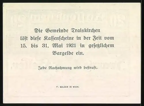 Notgeld Traiskirchen 1920, 20 Heller, Gemeinde mit zwei Putten und Wappen, Rückseite Einlösehinweis