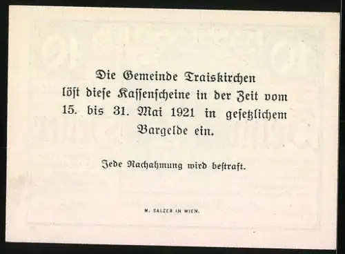 Notgeld Traiskirchen 1920, 10 Heller, Brunnenmotiv mit Inschrift