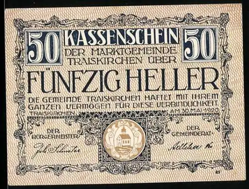 Notgeld Traiskirchen 1920, 50 Heller, Kassenschein mit Wappen und Architekturmotiv