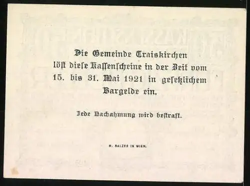 Notgeld Traiskirchen 1920, 50 Heller, Kassenschein mit Wappen und Architekturmotiv