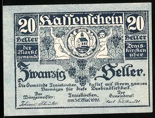 Notgeld Traiskirchen 1920, 20 Heller, Wappen mit zwei Engeln und floralen Motiven