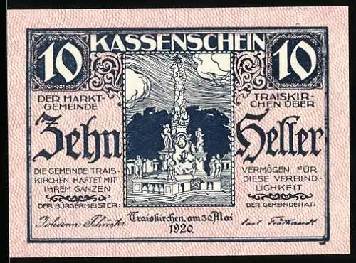 Notgeld Traiskirchen 1920, 10 Heller, barocke Statue mit Ornamenten