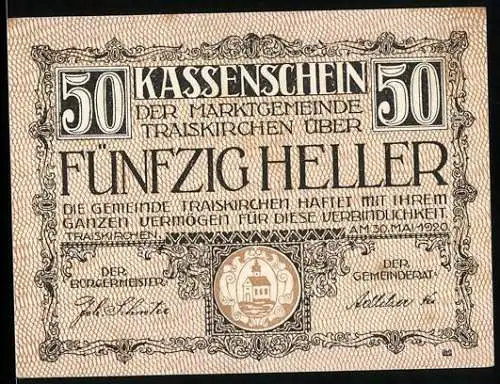 Notgeld Traiskirchen 1920, 50 Heller, Wappen der Marktgemeinde, Garantieerklärung der Gemeinde