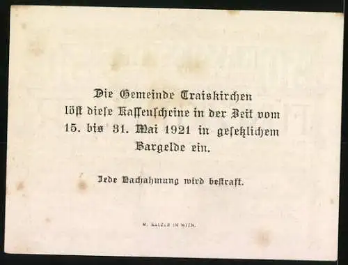 Notgeld Traiskirchen 1920, 50 Heller, Wappen der Marktgemeinde, Garantieerklärung der Gemeinde