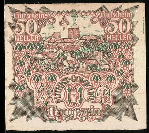 Notgeld Tragwein 1920, 50 Heller, Stadtansicht mit Trauben und Gemeindeinschrift