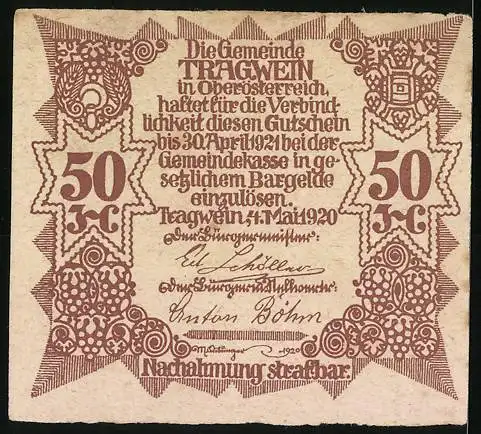 Notgeld Tragwein 1920, 50 Heller, Stadtansicht mit Trauben und Gemeindeinschrift